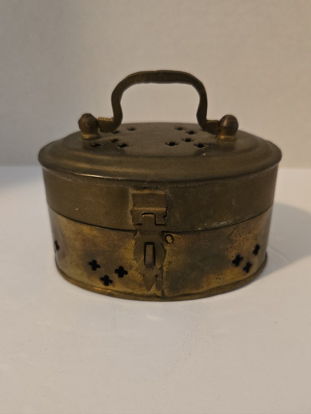 Miniture Brass Cricket Box Handle Pierced Brass Oval Hinged Lid Decor Trinket